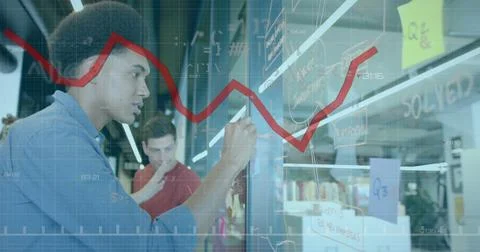 Image of red line and data processing over diverse business people in office Stock Photos