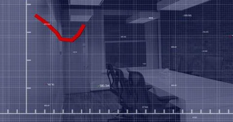 Image of red line and data processing over office Foto stock