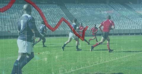 Image of red line and data processing over rugby players during rugby match in 写真素材