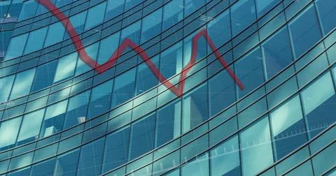 Image of red line, financial data processing over modern office building Foto stock