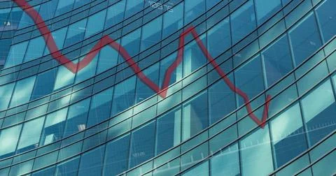 Image of red line, financial data processing over modern office building 写真素材