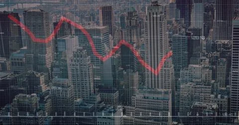 Image of red line, financial data processing over cityscape 스톡 사진