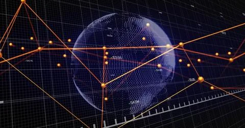 Image of red line graph showing loss over globe with connected dots and Stock Photos