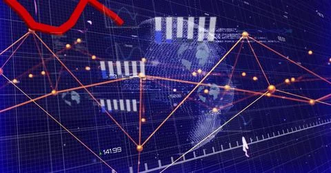 Image of red line graph showing loss over globe with connected dots and Stock Photos