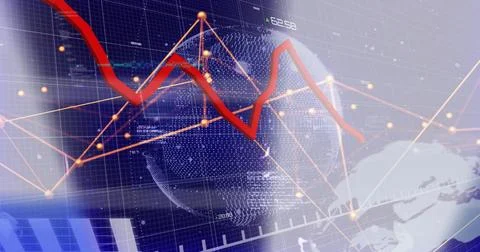 Image of red line graph showing loss over globe with connected dots and Stock Photos