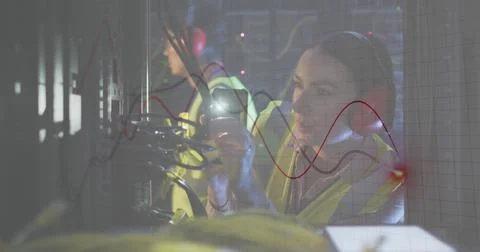 Image of red line recording and caucasian female it engineer with headphones by 스톡 일러스트