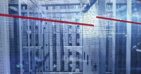 Image of red lines and data processing over servers Stock Photos