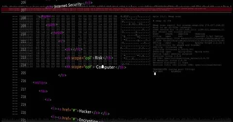 Image of red lines and security warnings over data processing on black Stock Illustration