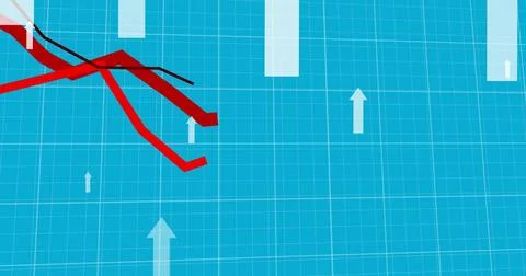 Image of red lines and white arrows pointing up moving over grid on blue Stock Illustration