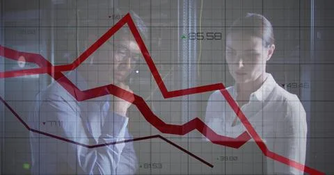 Image of red lines over diverse male and female it engineers with laptop by Stock-Fotos