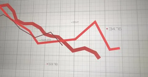 Image of red lines over grid and data processing Foto stock