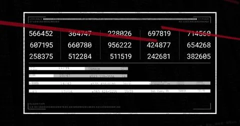 Image of red lines over numeric data processing on black background 스톡 사진