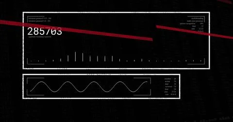 Image of red lines over numeric data and charts processing on black background Stock Photos