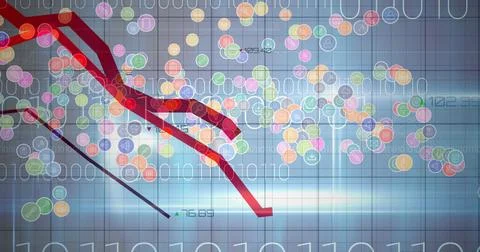 Image of red lines processing, digital icons and binary coding on blue Stock Illustration