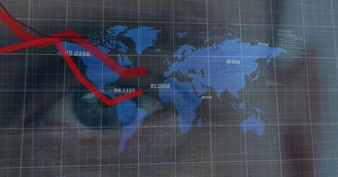 Image of red lines recording over world map and man's eye in background Stock Photos
