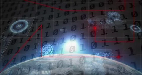 Image of red moving dots forming lines with binary code, circles and glare over Stock Photos