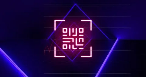 Image of red neon qr code, blue lights and data processing on black background Stock Illustration