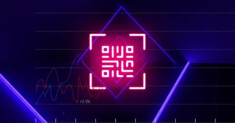 Image of red neon qr code, blue lights and data processing on black background Stock Illustration