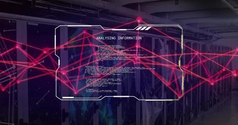 Image of red network over analysing information of data file and computer Stock Photos