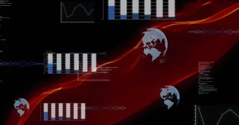 Image of red network wave over globes and graphs processing data on black Stock Photos