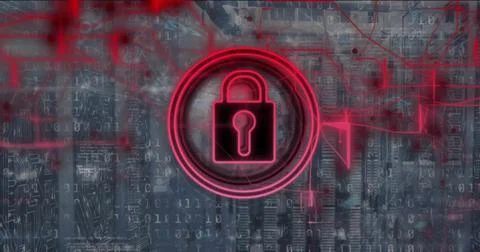 Image of red padlock icon over networks and processing data Stockillustratie