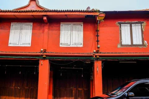 Image of red painted pre-war shophouse building Malacca City Malacca Stock Photos