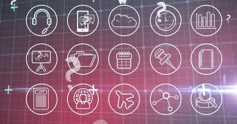 Image of red question marks flying over set of digital icons on grid in bac.. Stock Photos