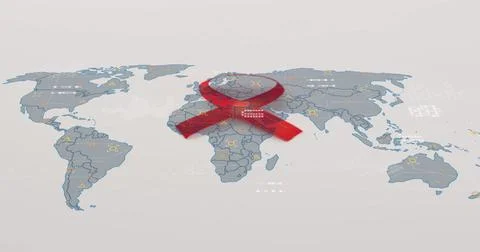Image of red ribbon and data processing over world map on white background Ilustração Stock