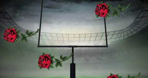 Image of red roses falling over american football goal at stadium Ilustração Stock