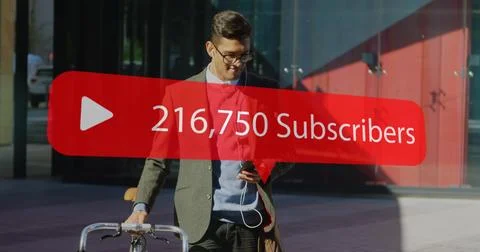 Image of red social media interface speech bubble with Subscribers text and Stock Photos