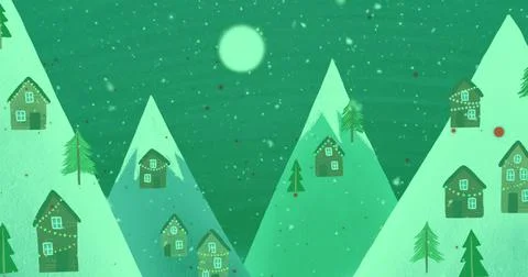 Image of red spots and snow falling over winter landscape against night sky with Ilustração Stock