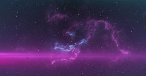 Image of red spots floating and purple light trails against space background Stock Illustration