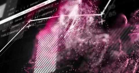 Image of red spots over data processing on black background 스톡 사진