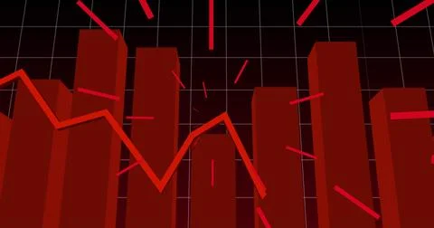 Image of red statistics with red rays pulsating over grid background Stock Illustration