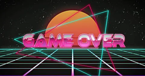 Image of red text game over neon triangles in grid and good on black Foto stock
