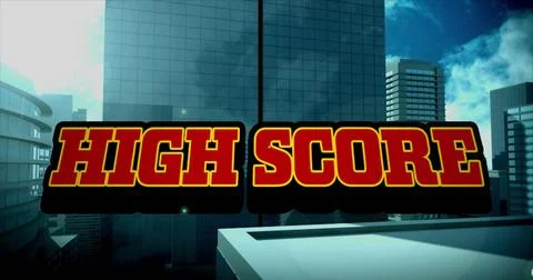 Image of red text high score, over explosion and cityscape Foto stock