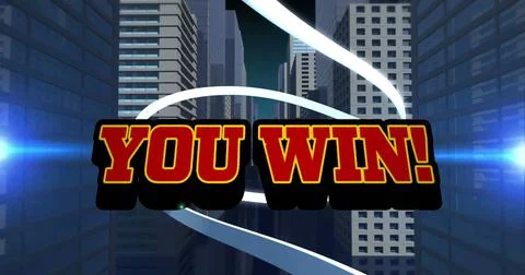 Image of red text you win, over explosion and cityscape Stock Photos