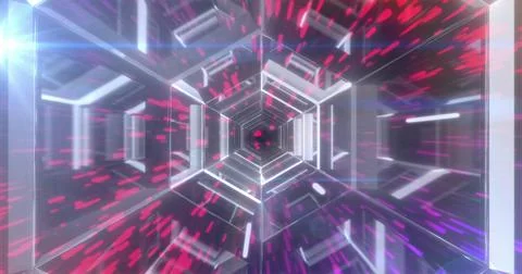 Image of red trails and light spots over digital tunnel Ilustração Stock