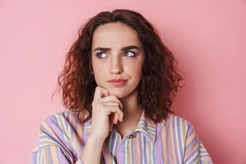 Image of redhead brooding woman thinking and looking aside Stock Photos