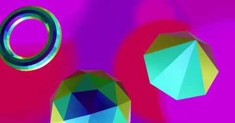 Image of reflective colourful metallic 3d shapes rotating on soft purple and red 스톡 일러스트