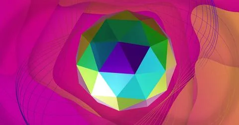 Image of reflective metallic 3d multi faceted ball rotating over network on pink Stock Illustration