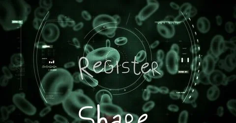 Image of register text and data processing over virus and blood cells Stock Illustration