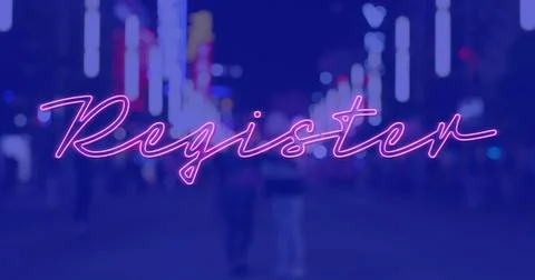 Image of register text over cityscape at night on blue background Ilustração Stock