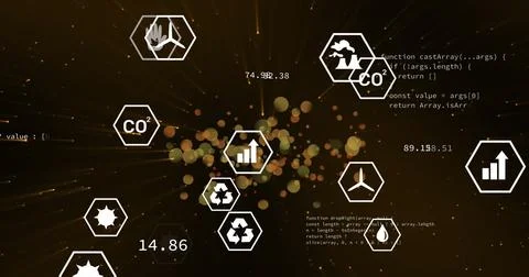Image of renewable energy icons with programming language over lens flare Stock Photos