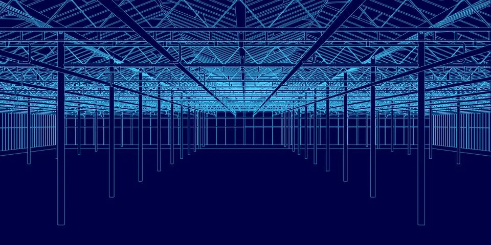 The image is a representation of a large, empty building with a blue color Stock Illustration