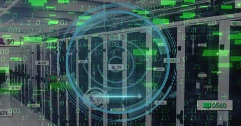 Image of retina eye scanner, binary coding and social media icons against c.. Stock Photos