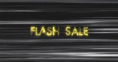 Image of retro flash sale text in neon yellow on flickering lines on grey Ilustración de archivo