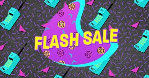 Image of retro flash sale text on pink and blue patterned splodge with retro Stock Illustration