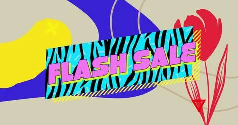 Image of retro flash sale text over zebra print blue banner and red flower in Ilustração Stock