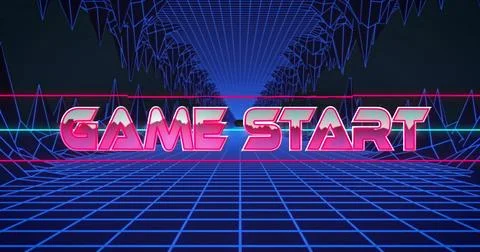 Image of retro neon Game Start text over grid pattern with geometric shapes 스톡 일러스트